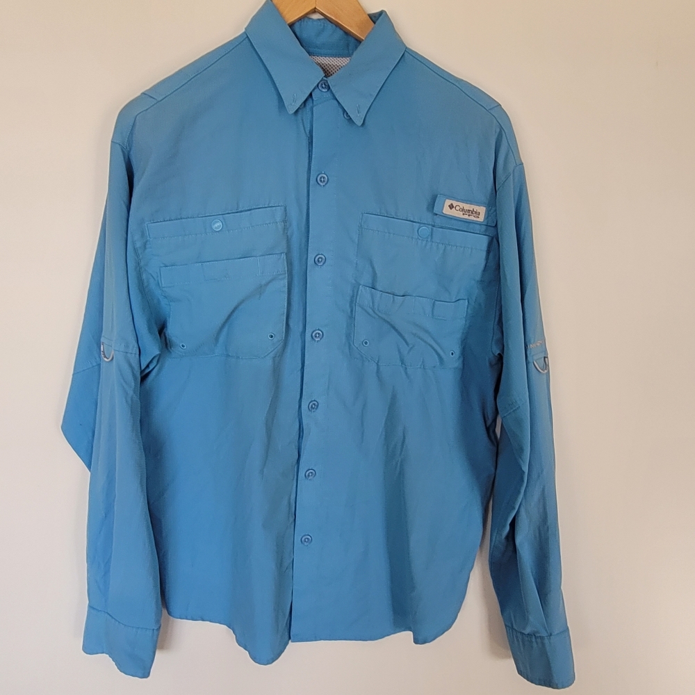 COLUMBIA Mens Omni Shade PFG Blue Shirt Size M Sun Protection Outdoor Hike Camp